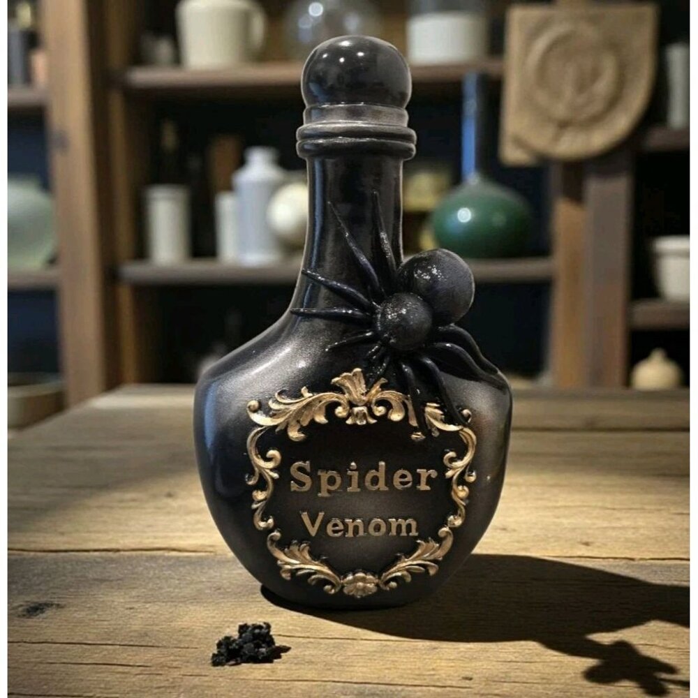 New Gold / Black Resin Spider Venom Potion Bottle Halloween Room Decor